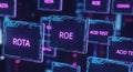 Abstract geometric grid with \'ROE\' and \'ROTA\' text in colorful frames on dark blue gradient background Royalty Free Stock Photo
