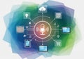 Abstract digital concept illustration with a central microphone icon connected to various technology Royalty Free Stock Photo