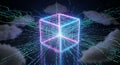 Abstract digital cube with flowing data lines and ethereal clouds in dark space Royalty Free Stock Photo