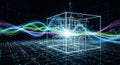 Abstract Digital Cube with Flowing Data Streams, Futuristic Network Grid, AI Data Science Royalty Free Stock Photo