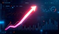 Abstract digital dashboard interface with glowing upward arrow, financial analytics visualization, futuristic data chart elements Royalty Free Stock Photo