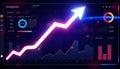 Abstract digital dashboard interface with glowing upward arrow, financial analytics visualization, futuristic data chart elements Royalty Free Stock Photo