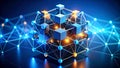 Abstract digital data cube connected by lines and nodes, representing data network. Royalty Free Stock Photo