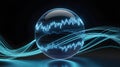 Abstract Digital Data Flow: Dynamic Glowing Waveform within a Transparent Sphere with Blue Lines, Illustrating Advanced Technology Royalty Free Stock Photo