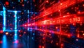 Abstract digital data flow through futuristic neon grid with glowing red and blue lights Royalty Free Stock Photo