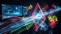 Abstract digital data flow with glowing geometric shapes and neon light trails in a dark void Royalty Free Stock Photo