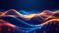 Abstract digital data flow visualization with glowing waves and connected dots. Royalty Free Stock Photo