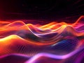 Abstract digital data flow in wave pattern with glowing orange and purple neon lights on black background Royalty Free Stock Photo