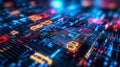 Abstract digital data grid with glowing numbers and neon colors, futuristic technology and information processing