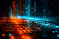 Abstract digital data network with glowing lines and particles in vibrant orange and blue hues Royalty Free Stock Photo