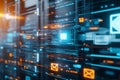 Abstract digital data server with glowing icons representing network technology and email communication in a futuristic design