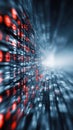 abstract digital data stream background with glowing red binary code and blue light rays flowing through high speed fiber optic Royalty Free Stock Photo