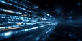 Abstract digital data stream with binary code flowing in a futuristic environment, illuminated by blue light against a dark Royalty Free Stock Photo