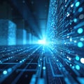 Abstract digital data stream with blue glowing circuits and nodes. Information flows through a futuristic network, creating a Royalty Free Stock Photo