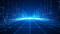 Abstract digital data stream flowing through a futuristic city grid with glowing lights. Royalty Free Stock Photo