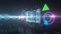 Abstract digital data stream flowing towards a central holographic interface with geometric shapes and glowing lines Royalty Free Stock Photo