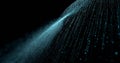 Abstract digital data stream with glowing blue particles flowing diagonally on black background representing technology and Royalty Free Stock Photo