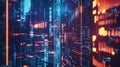 Abstract Digital Data Stream Neon Blue Orange Technology Background Code Glow Lines System Binary Royalty Free Stock Photo