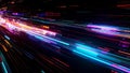 Abstract digital data stream with vibrant light trails and speed lines on a dark background. Royalty Free Stock Photo
