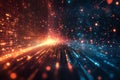 Abstract digital data stream visualization with glowing red and blue particles flowing in a futuristic grid network, representing Royalty Free Stock Photo