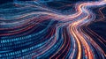 Flowing digital data streams with binary code and glowing light trails image photo Royalty Free Stock Photo