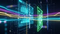 Abstract digital data streams with glowing neon lines, charts, graphs, and futuristic interface elements in motion Royalty Free Stock Photo