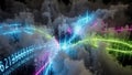 Digital data streams flowing through abstract neon clouds with numbers technology Royalty Free Stock Photo