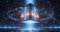 Abstract digital data structure cube processing information with glowing blue energy streams Royalty Free Stock Photo