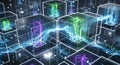 Abstract digital data transfer between glowing cubes, network connection, futuristic technology Royalty Free Stock Photo