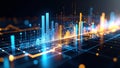 Abstract digital data visualization with glowing bar graphs and lines, network concept Royalty Free Stock Photo