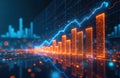 Abstract digital data visualization with glowing bars chart, upward trend line. Futuristic financial analytics, business Royalty Free Stock Photo