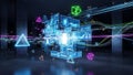 Abstract digital data visualization with glowing geometric shapes and light trails technology Royalty Free Stock Photo