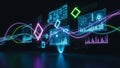 Abstract digital data visualization with glowing lines and charts on black image photo Royalty Free Stock Photo