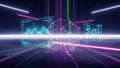 Abstract digital data visualization with glowing lines, graphs, and geometric shapes in neon colors Royalty Free Stock Photo