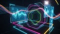Abstract digital data visualization with glowing neon geometric shapes and waveforms technology Royalty Free Stock Photo
