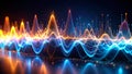 Abstract digital data visualization with glowing orange and blue sound waves. Royalty Free Stock Photo