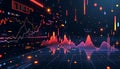 Abstract digital data visualization with glowing red and orange peaks on a dark futuristic grid background Royalty Free Stock Photo
