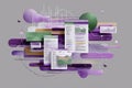 Abstract digital data visualization with purple and green geometric shapes on gray background Royalty Free Stock Photo