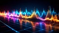 Abstract digital data visualization of sound wave patterns with colorful glowing lines on a grid background. Royalty Free Stock Photo