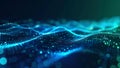 Abstract digital data waves with glowing blue and green particles, technology background. Royalty Free Stock Photo
