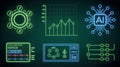 Abstract Digital Display of Artificial Intelligence, Data Processing, and Network Connections with Glowing Neon Elements Royalty Free Stock Photo