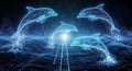 Abstract Digital Dolphins Swimming in Futuristic Blue Data Ocean Network Royalty Free Stock Photo