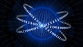 Abstract digital earth encircled by binary code lines with binary rays and blurred hud elements - global communication concept Royalty Free Stock Photo