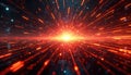 Abstract digital energy burst with red and yellow light streaks radiating outwards. Futuristic network pattern implies data Royalty Free Stock Photo