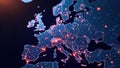 Abstract digital Europe map with cloud computing symbols and connected nodes network IT node