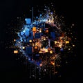 Abstract digital explosion of blue and orange cubes and particles on black background Royalty Free Stock Photo