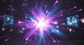 Abstract digital explosion of purple and blue particles with futuristic glowing data screens Royalty Free Stock Photo