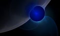 Abstract digital fictional orbit or 3d eclipse with blue glow in dark space. Sci fi conceptual art. Royalty Free Stock Photo