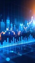 Abstract digital finance chart with bar graphs and candlestick data on a blue grid background Royalty Free Stock Photo