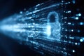 Abstract digital firewall with glowing lock symbol and data streams Royalty Free Stock Photo